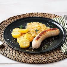 Boudin Blanc Cuit Pommes De Terre Rissolees Et Compote De Pommes Et Poires Recept Voedsel Ideeen Appelmoes Koken