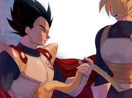 scharlachrotn, son goku, vegeta, dragon ball, dragonball z, chest armor,  2boys, armor, back, black hair, blonde hair, blue bodysuit, bodysuit, cape,  closed mouth, large pectorals, looking at another, male focus, monkey tail,