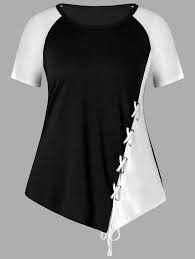 Plus Size Lace Up Color Block T Shirt Ladies Tops Blouses Plus Size Women Plus Size Fashion