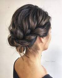 Brunette Woman With Her Hair In A Formal Braided Updo Hairstyle Short Hair Updo Hair Styles Updos For Medium Length Hair
