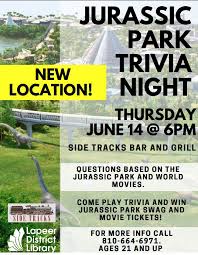 Try to answer all the questions and beat 80% of the fans. Jurassic Park Trivia Night Thursday June 14 2018 6 00 Pm Lapeer District Library Localhop