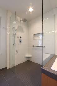 Roll In Shower White Glass Subway Tiles Recessed Niche Handheld Shower And Clear Glass Panels Bathroom Plans Glass Subway Tile Bathroom Decor
