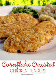 Cornflake Chicken Fingers Chicken Tenders Coated In Crushed Cornflakes Parmesan Cheese And Ranch Dres Plain Chicken Recipe Cornflake Chicken Poultry Recipes