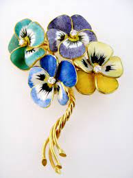 Vintage 14k Enamel Enameled Diamond Pansy Bouquet Brooch C 1940s Art Nouveau Flowers Plant Jewelry Floral Jewellery