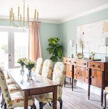 Here you can see my top three paint colors including benjamin moore dark harbor (pictured above) in our dining room, farrow and ball hague blue pictured below in nicole's living room, and finally, benjamin moore newburg green, pictured on our pool bath vanity. Step Inside This Stunning Dining Room Makeover Dining Room Colors Green Dining Room Dining Room Paint Colors