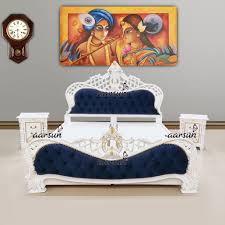 This cute bedroom is already pretty in itself with all the navy blue and gold trimmings in it. Royal White Gold Bedroom Set With Chairs Coffee Table 436