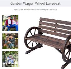 Bench features the original distressed red paint, beautiful patina, two seat form, very impressive and unique item. Amazon Com Outsunny Wooden Wagon Wheel Bench Rustic Outdoor Patio Furniture 2 Person Seat Bench With Backrest Kitchen Dining