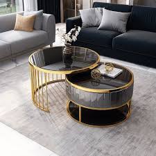 table basse moderne ronde doree et grise avec plateau en verre trempe 2 pieces salle a manger elegante table basse dessus de table en verre