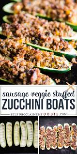 Sausage And Veggie Stuffed Zucchini Boats In 2020 Atkins Recipes Diy Food Recipes Zucchini Boats