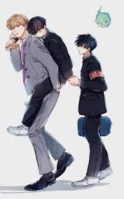okusawa ritsu, ekubo (mob psycho 100), kageyama ritsu, kageyama shigeo,  reigen arataka, mob psycho 100, commentary request, highres, 3boys, black  eyes, black hair, black pants, blonde hair, bowl cut, brothers, carrying,  formal