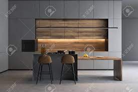 A hollow wood cabinet or cabinet constructed from lesser materials can. Interior Of Modern Kitchen With Gray Walls Concrete Floor Grey Stock Photo Picture And Royalty Free Image Image 129409778