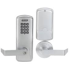 Schlage also makes a keypad door lock, similar to the touchscreen versions but with buttons. Schlage Co 100 Cy 70 Kp Rho Electronic Keypad Lock