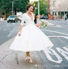 Discountvintage Tea Length Cheap Wedding Dresses V Neck With Half Sleeves Simple Satin Princess Designe Wedding Dress Bridal Gowns Cheap Custom Made From Stunni Ankle Length Wedding Dress Short Bride Dresses