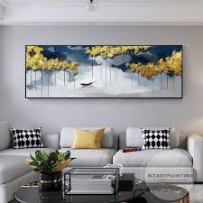 Abstract Gold Tree Navy Blue Boat Landscape Print Painting On Canvas Art Ready To Hang Painting Wall Art P Hanging Paintings Wall Art Pictures Landscape Prints