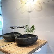 Black Bathroom Vanity With Timber Top Black Polished Concrete Basin On White Vanity With Solid Timber Top Chrome Tap And Mixer Set With Mirrored Splash Chrome Taps Mirror Splashback Concrete Basin