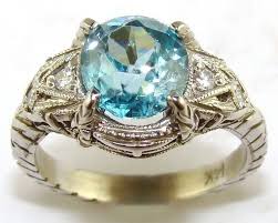 Antique Blue Zircon Diamond White Gold Ring Colored Stone Rings White Gold Rings Blue Zircon