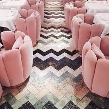 Pink Parade Making Pink Less Barbie More Bardot With Chevron Floor Tiles In Dreamy Pastels And Black To Re Create Interior Deco Pink Velvet Chair Home Decor