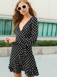 Black And White Dots Dress Meme Wrap Neckline Polka Dot Dress Polka Dot Dress Fashion Black Polka Dot Dress