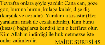 Tevrat Ta Onlara Soyle Yazdik Cana Can Goze Goz Buruna Burun Kulaga Kulak Dise Dis Karsilik Ve Cezadir Yaralar Da Kisastir Her Yaral Kulak Allah Bursa