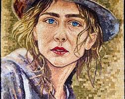 Gemstone Mosaic Art: Vintage Framed Picture, Women With Umbrella (8x10)