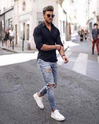 Sometimes, the hardest part of getting dressed and picking out an outfit is trying to decide what goes with what. 26 Casual Ripped Jean Outfit Ideas For Men To Consider Seasonoutfit Blue Jeans Outfit Men Shirt Outfit Men Ripped Jeans Outfit