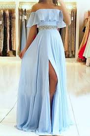 Light Blue Off The Shoulder Split Prom Dress With Beading Waist Flowy Party Dresses N1751 In 2020 Trendy Prom Dresses Pretty Prom Dresses Prom Dresses For Teens