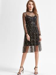 A softly sweeping layered soft net skirt enhances Black Flower Embroidered Mesh Overlay Dress Embroidered Mesh Dress Long Sleeve Mesh Dress Fancy Dresses