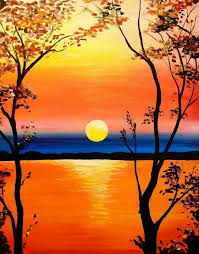 Sunset Painting Bright And Beautiful Hot Colors With A Strip Of Blues And Black Silhouette Tr Art Painting Acrylic Landscape Paintings Easy Canvas Painting
