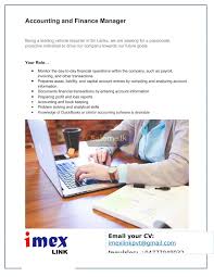 We are looking to hire a finance manager with excellent organizational and analytical skills. Jobs In Sri Lanka Accounting And Finance Manager In Colombo 5 Saleme Lk