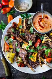 Harissa Grilled Lamb Chops With Harissa Yogurt And Summer Veggies A Simple Easy Meal Perfect For Entertaining La Grilled Lamb Chops Lamb Chops Grilled Lamb