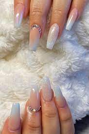 Cute Baby Blue Ombre Nails With Accent Glitter Coffin Shaped And Rhinestones Design Blue Ombre Nails Blue Glitter Nails Pink Ombre Nails Glitter