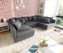Wohnlandschaft Clovis Schwarz Strukturstoff Mit Hocker