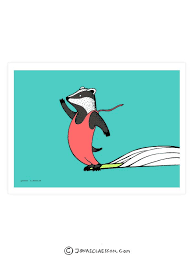 Surfing Badger Print Framed Print Animal Drawings Badger Illustration Art