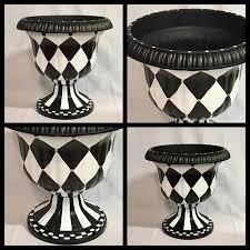 Black And White Checkered Outdoor Planters Painted Urn Planter Harlequin Planter Whimsical Painted Planter Urn Checkered Urn Hand Painted Home Decor Urn Planters Hand Painted Furniture Urn