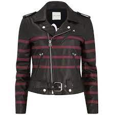 Each X Other Women S Striped Leather Bands Biker Leather Jacket Black Red Red Jacket Leather Leather Jacket Black Leather Jacket