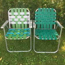 Lot 2 Vintage Aluminum Frame Woven Webbed Folding Metal Lawn Chairs Green Multi Lawn Chairs Green Chair Metal Lawn Chairs