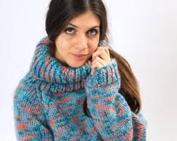 Melange Blue and Green Wool Sweater ,Turtleneck wool sweater, Melange hand  knit cardigan, Oversize pullover,Molimarks 10250
