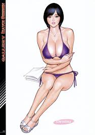 izayoi seishin, newscaster christina, action pizazz, original, artbook,  highres, 1girl, bikini, black hair, blush, breast hold, breasts, brown  eyes, character name, cleavage, collarbone, full body, halterneck, holding,  holding paper, jewelry, large 