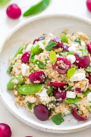 Add mint and season with salt, pepper, and a splash of champagne vinegar, to taste. Quinoa Cherry And Goat Cheese Salad Averie Cooks