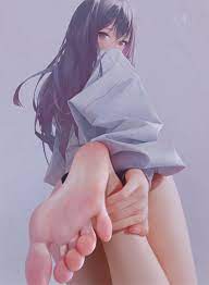 ILLDIAN, foot sole, looking at viewer, feet in the air, holding ankles,  barefoot, hair between eyes, long hair, standing on one leg, feet, women,  purple clothing, portrait display, anime girls, foot fetishism,