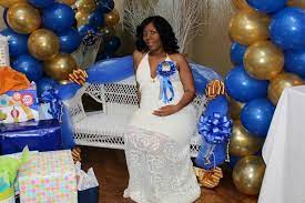 Royal Blue And Gold Theme Colors Lace White Dress For Baby Shower Baby Shower Dresses Prince Baby Shower Royal Blue And Gold