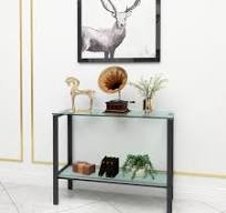 Console Table Double Layer Tempered Glass Rectangular Porch Table Black Leg  Double Layer Glass Tea Table Black Glass
