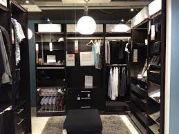 Pax wardrobe frames (29″ and 13″ deep). Ideas Enchanting Ikea Walk In Closet Design With Black Ottoman On Gray Fur Rug And Black Wardrobe With Drawers Also White Bowl Pendant Lamp