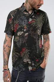 Pocket to each side seam. Mens Popular Floral And Leaf Print Short Sleeve Button Down Black Summer Shirt Beautifulhalo Com