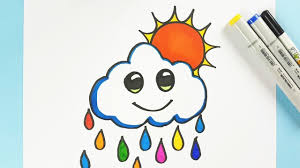 How To Draw A Cute Cloud And Sun With Colorful Rain Dropping Drawing C Cartoon Drawings Cartoon Clouds Drawing For Kids