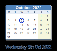 October 5 2022 Calendar With Holiday Info And Count Down Ind