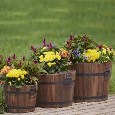 Set Of 3 Wooden Barrel Planters Front Porch Flower Pots Barrel Planter Porch Flowers