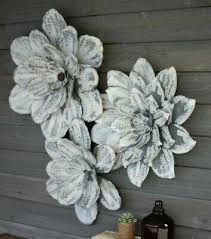 Metal wall flowers large home decor, garden porch art deck, outdoor art usa made. White Washed Metal Wall Flowers Large Rustic Hanging Wall Flower Decor Set Of 3 Ebay Metal Flower Wall Art Metal Wall Flowers Flower Wall Decor