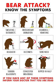 It's important to know that symptoms can vary between men and women. Bear Attack Know The Symptoms Sweating Involuntary Diarrhea Outbursts Urination Vomiting Sudden Congested Ripped In Half Blackouts Breathing If You Have Any Of These Symptoms Inform Your Doctor That You Are Dead