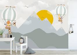 Kids Wallpaper Mountain Wall Mural Sunrise Wall Print Hot Air Balloon Wall Art Nursery Wall Decor Childroom Pla Kids Room Murals Nursery Wall Decor Wall Murals